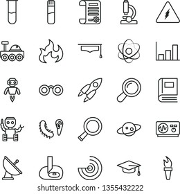 thin line vector icon set - research article vector, test tube, microscope, electricity, atom, glasses, zoom, bactery, book, oscilloscope, flame, graduate hat, artifical insimination, growth graph