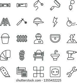 thin line vector icon set - workman vector, concrete mixer, drill, bucket, new roller, sample of colour, ladder, washbasin, sink, saving light bulb, power socket type f, construction level, building
