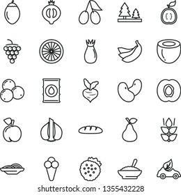 thin line vector icon set - loaf vector, slices of onion, a bowl buckwheat porridge, cone, strawberries, pear, mint, peach, half apricot, large grape, rose hip, cornels, medlar, blueberries, bananas