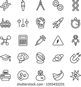 thin line vector icon set - omelette vector, bananas, printer, molecule, electricity, dna, brain, gears, settings, globe, magnet, scientist, graduate hat, calculator, drawing compass, robot, saturn