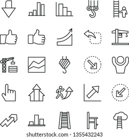 thin line vector icon set - downward direction vector, growth up, line chart, positive histogram, a chair for feeding, crane, tower, hook, winch, stepladder, left bottom arrow, index finger, thumb