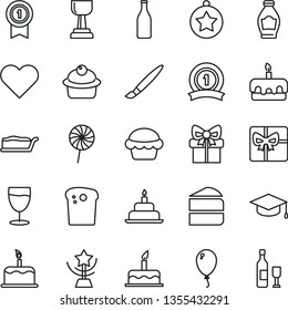 thin line vector icon set - tassel vector, balloon, cake, birthday, heart, square academic hat, Easter, muffin, piece of, slice, torte, lollipop, glass, bottle, gift, giftbox, gold cup, star, medal