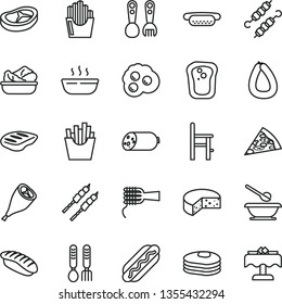 thin line vector icon set - plates and spoons vector, a chair for feeding, plastic fork, iron, sausage, stick of, cheese, piece pizza, Hot Dog, mini, noodles, porridge, lettuce in plate, bacon, chop