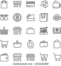 thin line vector icon set - paper bag vector, grocery basket, bank card, dollar, cart, crossed, with handles, kiosk, stick of sausage, cup tea, stall, shopping, antique advertising signboard, wallet