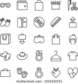 thin line vector icon set - paper bag vector, purse, spectacles, hat, accessories for a hairstyle, comb, warm socks, Knitted, shoes little children, winter, with handles, T shirt, folded, hanger