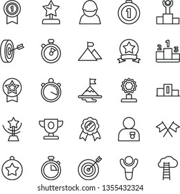 thin line vector icon set - stopwatch vector, pedestal, racer, winner, podium, prize, cup, star, reward, man with medal, motivation, mountain flag, target, purpose, first place, pennant, ribbon
