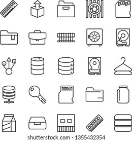 thin line vector icon set - folder vector, bookmark, key, big data, server, suitcase, drawer, strongbox, package, hanger, unpacking, barrel, jar, radiator fan, memory, hdd, usb, sd card