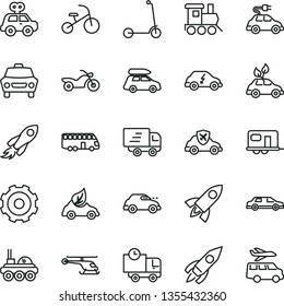 thin line vector icon set - truck lorry vector, motor vehicle present, baby toy train, tricycle, child Kick scooter, car, delivery, eco, environmentally friendly transport, electric, retro, rocket