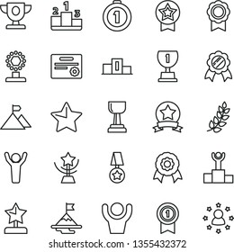 thin line vector icon set - star vector, pedestal, medal, laurel branch, winner podium, prize, award, cup, gold, reward, man hands up, motivation, mountain flag, first place, with pennant, ribbon