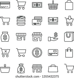 thin line vector icon set - paper bag vector, grocery basket, bank card, cart, put in, crossed, with handles, cards, kiosk, stall, shopping, front of the, column coins, dollar, get a wage, money