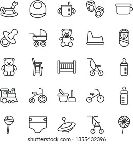 thin line vector icon set - baby cot vector, dummy, mug for feeding, bottle, measuring, diaper, bib, carriage, summer stroller, sitting, roly poly doll, toy sand set, children's potty, chair, small