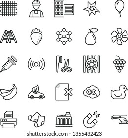 thin line vector icon set - baby duckling vector, accessories for a hairstyle, Knitted Socks, balloon, builder, ladder, city block, delete page, large grape, pear, raspberry, bananas, weaving, bang