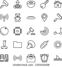 thin line vector icon set - house vector, hammer of a judge, teddy bear, Kick scooter, new roller, paint, key, received letter, alarm clock, loaf, porcini, orange, kiwi, cucumber, location, cpu, sun