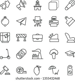 thin line vector icon set - paper airplane vector, hammer of a judge, car child seat, safety pin, tumbler, Kick scooter, Puzzle, long meashuring tape, putty knife, traffic signal, copy, glass tea