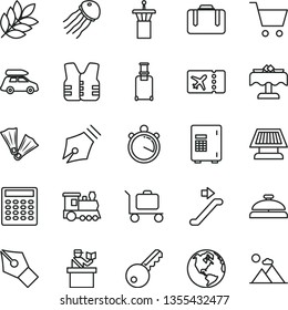 thin line vector icon set - calculator vector, sun panel, biology, stopwatch, ink pen, earth, train, car baggage, airport tower, escalator, suitcase, rolling, passort control, plane ticket, flippers