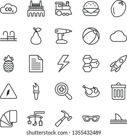 thin line vector icon set - lightning vector, scribbled paper, zoom, toys over the cradle, baby bath ball, children's train, drill, sample of colour, hammer with claw, dust bin, big burger, chicken