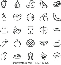 thin line vector icon set - onion vector, pie, a bowl of buckwheat porridge, hot, bacon, beet, carrot, glass, cherry, large grape, tasty apple, cornels, water melon, slice, half mango, ripe plum