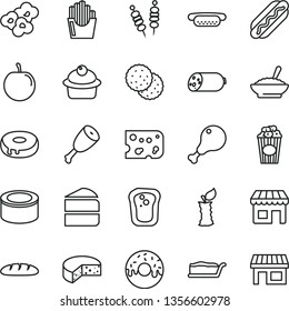 thin line vector icon set - sausage vector, piece of cheese, loaf, canned goods, fried vegetables on sticks, Hot Dog, mini, muffin, cake, slice, with a hole, glazed, bowl buckwheat porridge, thigh