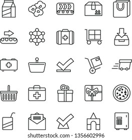 thin line vector icon set - cargo trolley vector, grocery basket, first aid kit, bag of a paramedic, medical, e, box bricks, received letter, put in, with handles, cardboard, gift, package, shipment