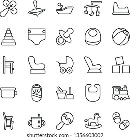 thin line vector icon set - toys over the cradle vector, dummy, mug for feeding, diaper, bib, baby, beanbag, rattle, chair, car child seat, stroller, bath ball, children's bathroom, stacking toy, a