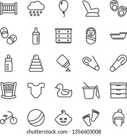 thin line vector icon set - cradle vector, baby cot, storage unit, chest of drawers, feeding bottle, measuring for, powder, Child T shirt, car seat, safety pin, open, rubber duck, bath ball, balloon