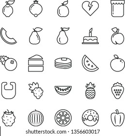thin line vector icon set - bib vector, cake, broken heart, piece of, glazed with a hole, jam, blueberries, strawberry, orange slice, pancakes, peach, grape, quince, pear, medlar, blackberry, guava