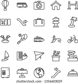 thin line vector icon set - earth vector, train, bus, air balloon, hang glider, bike, escalator, rope barrier, suitcase, passort control, plane ticket, hotel, boungalow, palm tree, aquapark, surfing