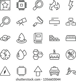 thin line vector icon set - upward direction vector, minus, brick wall, new roller, lightning, car, flowchart, torte, honeycombs, drop, of oil, cpu, magnifier, telescope, electricity, zoom, brain