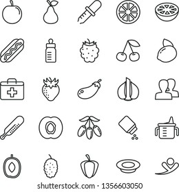 thin line vector icon set - women vector, first aid kit, measuring cup for feeding, bottle, baby powder, mercury thermometer, Hot Dog, a plate of milk, pear, cherry, half apricot, strawberry, tasty