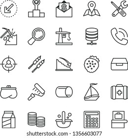 thin line vector icon set - medical bag vector, small tools, paint roller, left bottom arrow, map, big data server, drawer, package, barbecue, strawberries, coal mining, tower crane, pipe, magnifier