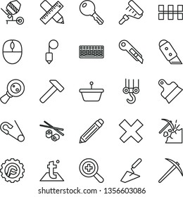 thin line vector icon set - graphite pencil vector, zoom, cross, open pin, winch hook, trowel, concrete mixer, paint roller, writing accessories, ceramic tiles, plummet, putty knife, star gear, key