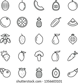 thin line vector icon set - carrot vector, blueberries, a pineapple, orange, grape, half of medlar, tasty raspberry, mulberry, melon, slice, mango, loquat, goji berry, delicious plum, tangerine