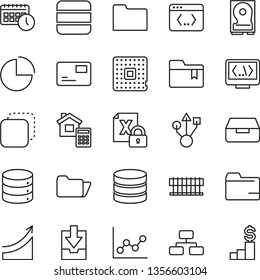 thin line vector icon set - folder vector, pie chart, graph, download archive data, bookmark, estimate, big, flowchart, pass card, drawer, copy, processor, agenda, radiator fan, encrypting, hdd, usb