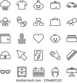 thin line vector icon set - purse vector, hat with glasses, bedside table, open pin, comb, cloud, children's hairdo, funny, child shoes, winter, warm, building block, dangers, heart, flowchart