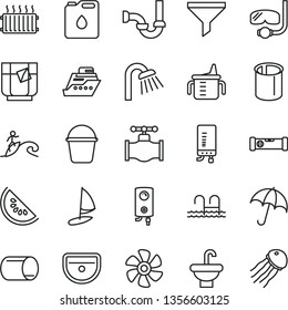 thin line vector icon set - measuring cup for feeding vector, bucket, washbasin, sink, shower, sewerage, construction level, boiler, electronic, umbrella, a glass of tea, slice water melon, valve