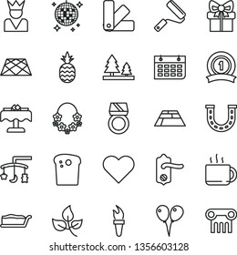 thin line vector icon set - toys over the cradle vector, colored air balloons, new roller, color samples, door knob, paving slab, pavement, heart, Easter cake, slice, cup of tea, a pineapple, leaves
