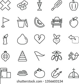 thin line vector icon set - wind direction indicator vector, cross, pennant, electronic thermometer e, stacking toy, children's sand set, concrete mixer, broken heart, move left, onion, tomato, fig