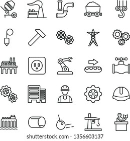 thin line vector icon set - builder vector, winch hook, gears, concrete mixer, power socket type b, buildings, construction helmet, plummet, hammer, core, valve, water pipes, factory, line, gear