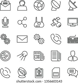 thin line vector icon set - desktop microphone vector, envelope, keyboard, employee, received letter, screen, phone call, artificial satellite, dish, SIM card, connection, statistical overview