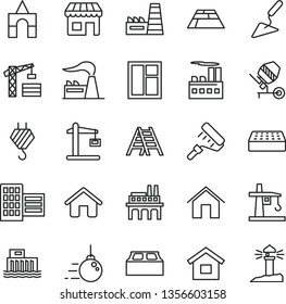 thin line vector icon set - box of bricks vector, tower crane, house, dwelling, hook, big core, building trowel, concrete mixer, window, paint roller, ladder, city block, brick, paving slab, home