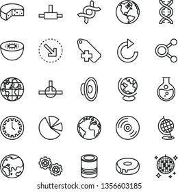 thin line vector icon set - sign of the planet vector, clock face, clockwise, loudspeaker, add label, gears, CD, right bottom arrow, cheese, tin, cake with a hole, kiwi, round flask, connections