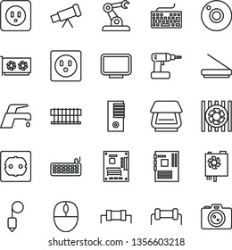 thin line vector icon set - camera vector, keyboard, cordless drill, power socket type b, f, plummet, faucet mixer, assembly robot, radiator fan, mouse, pc supply, tower, motherboard, gpu card