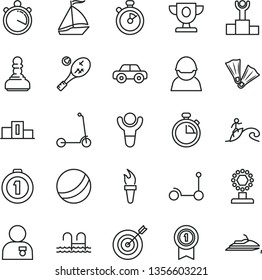 thin line vector icon set - stopwatch vector, bath ball, motor vehicle, Kick scooter, child, racer, flame torch, winner, pedestal, podium, prize, cup, pawn, man with medal, target, first place, pool