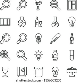 thin line vector icon set - incandescent lamp vector, magnifier, zoom, out, mercury thermometer, window, frame, bulb, a glass of tea, bottle soda, jam, flask, test tube, wine, cocktail, restaurant