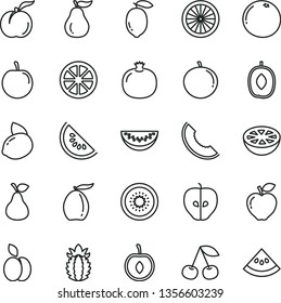 thin line vector icon set - apple vector, pear, cherry, ripe peach, pomegranate, red, tasty, slice of melon, water, loquat, delicious plum, tangerine, half, lemon, yellow, juicy, kiwi, orange, guava