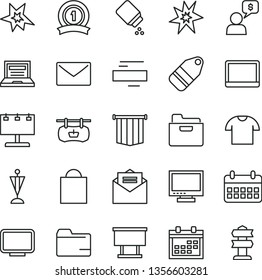 thin line vector icon set - laptop vector, monitor, calendar, paper bag, folder, minus, baby powder, envelope, received letter, T shirt, label, antique advertising signboard, notebook pc, bang, flag
