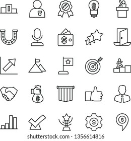 thin line vector icon set - growth chart vector, employee, thumb up, bar, hand shake, pedestal, star cup, carrer stairway, man with medal, mountain flag, target, money bag, pennant, exit door, idea