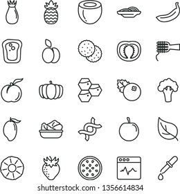 thin line vector icon set - cardiogram vector, slices of onion, noodles, lettuce in a plate, blueberries, apple, biscuit, sandwich, honeycombs, ripe peach, strawberry, rose hip, mango, tasty plum