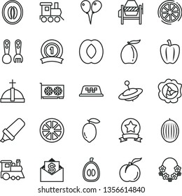 thin line vector icon set - plastic fork spoons vector, baby toy train, children's, yule, colored air balloons, concrete mixer, ripe peach, squash, melon, loquat, half, lemon, juicy, slice of, star