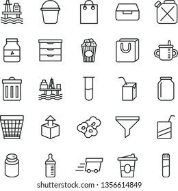 thin line vector icon set - wicker pot vector, bin, storage unit, mug for feeding, measuring bottle, powder, e, packing of juice with a straw, bucket, drawer, bag handles, unpacking, popcorn, cup